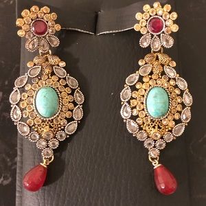 Indian gold earrings blue green red stone crystals